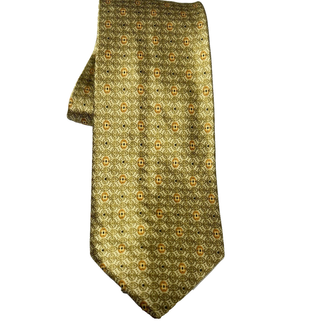 Brioni Mens Silk Necktie Geometric Medallion Gold Champagne Orange Wide 4 In 62L